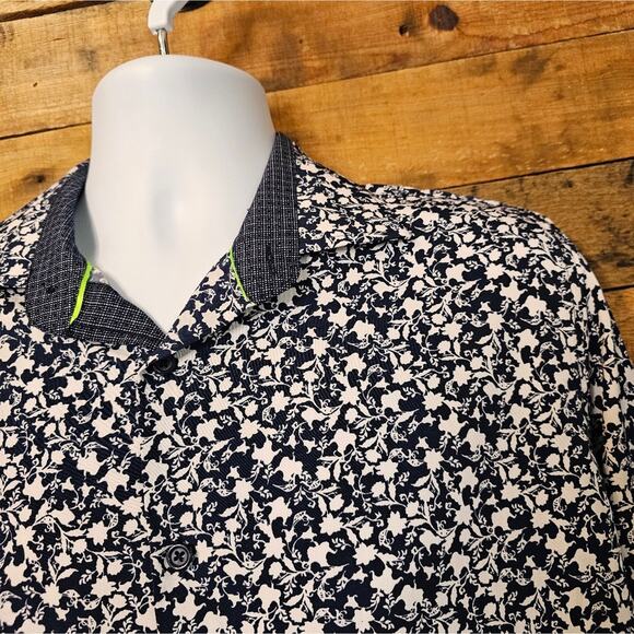 Tom Baine men's slim fit blue & white floral print button up shirt size L - Picture 4 of 13